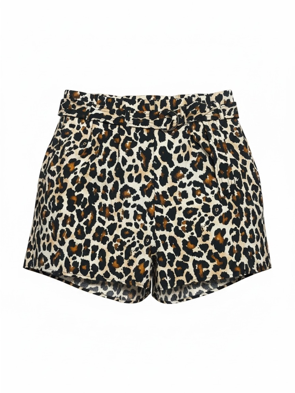 Leopard Print Pleated High-Waist Belted Women's Shorts with Paperbag Waist